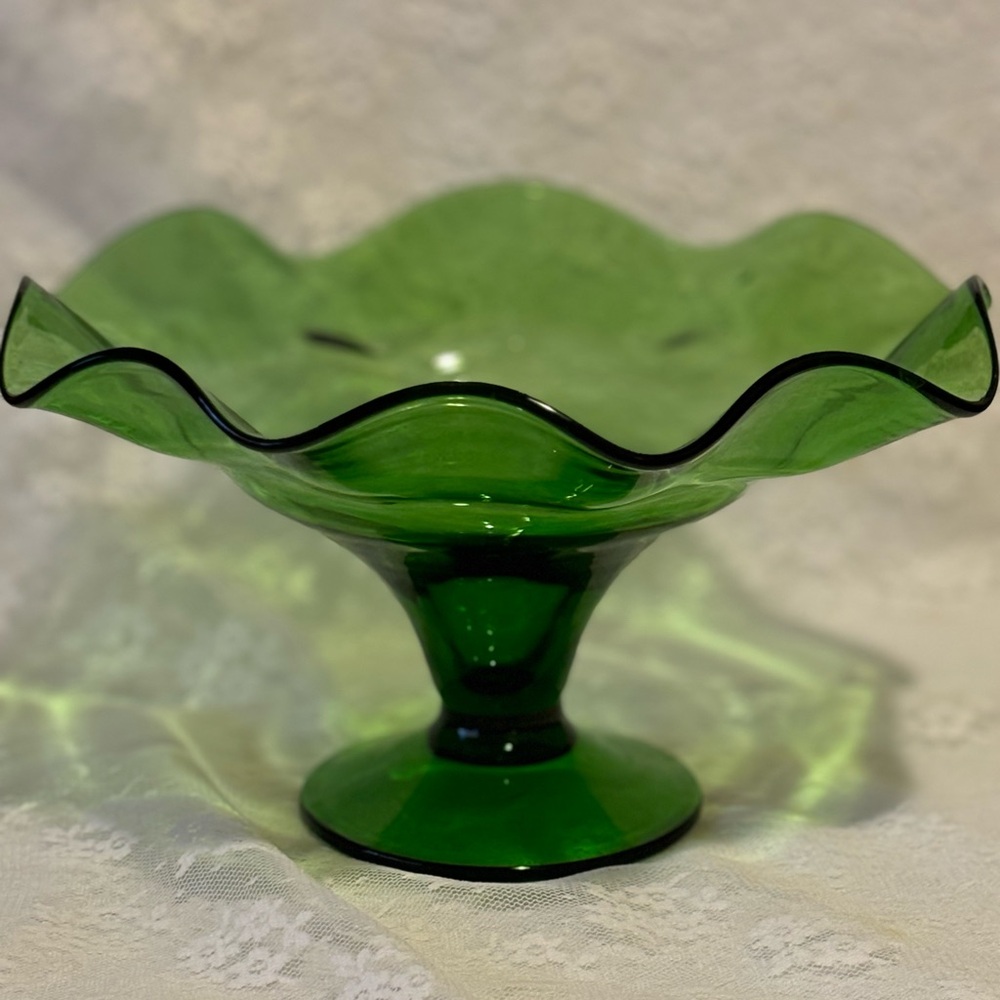 Vintage Green Glass Ruffled Bowl